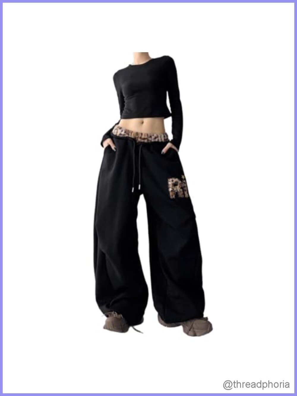 Y2K Wide Leg Sweatpants with Leopard Trim, Baggy Cargo Joggers